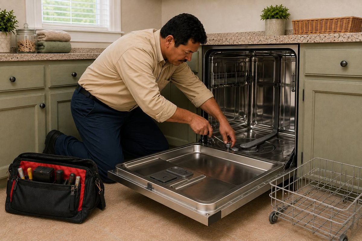 Wes on one knee at a dishwasher with the door down and the rack out