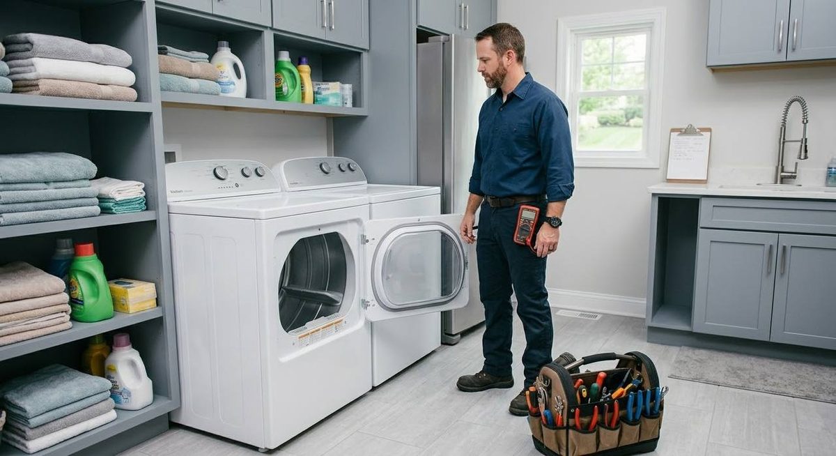 Wes at a dryer with the door open and a meter in hand