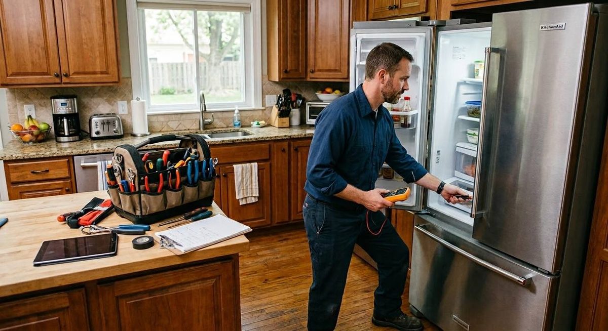 Wes with a meter at an open French-door refrigerator