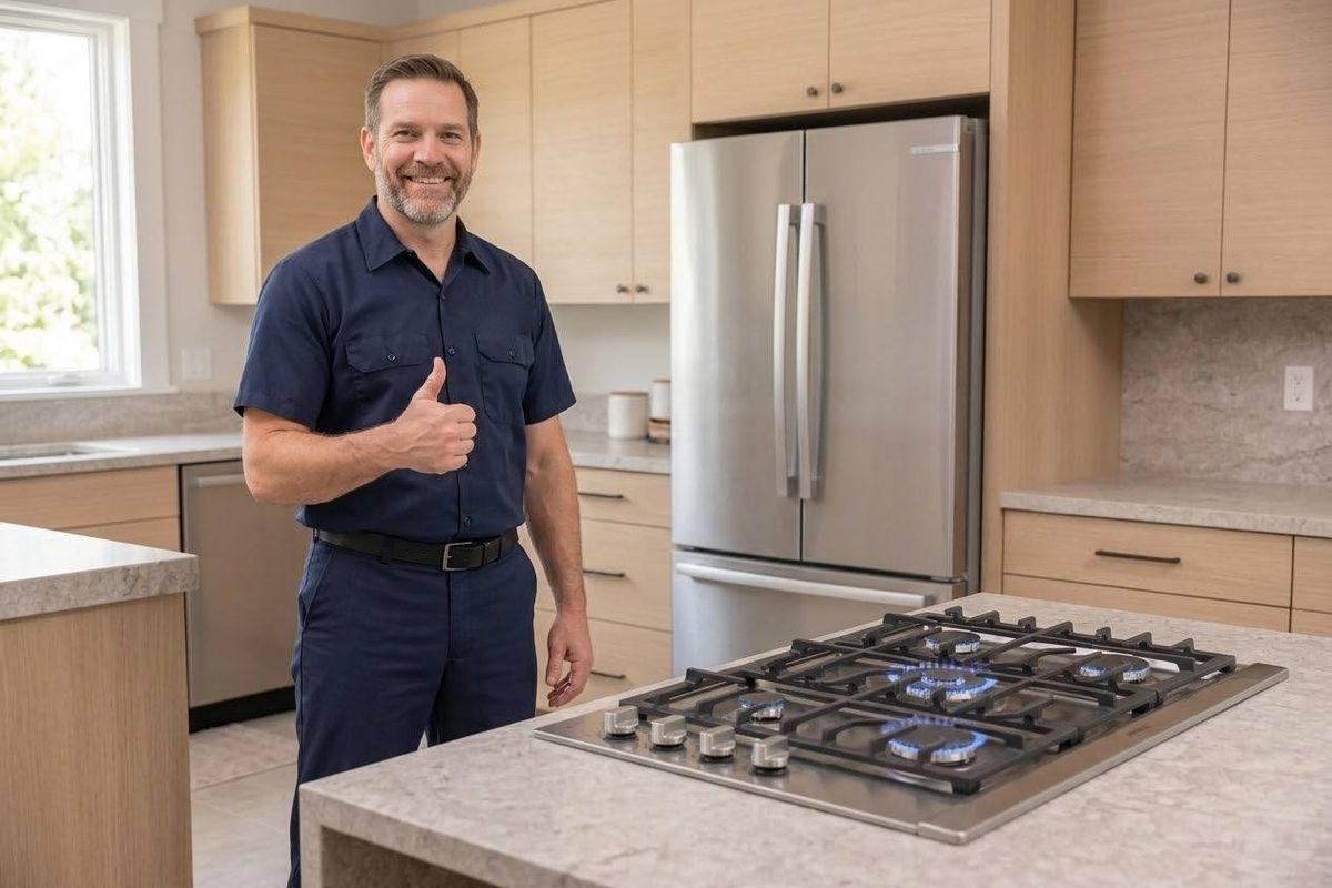 Wes in a kitchen beside a gas cooktop with all burners lit